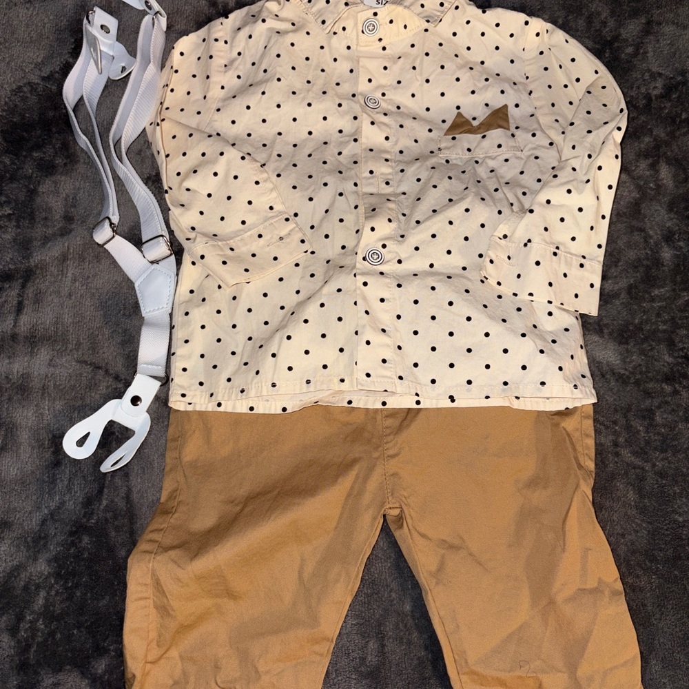 Polka Dot Button Front Shirt with Tan Pants Set